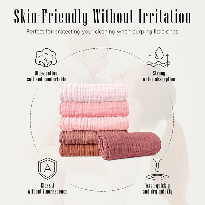 SWEET DOLPHIN 12 Pack Muslin Burp Cloths Large 100% Cotton Burping Clothes for Baby Drool - Absorbent and Soft Boys & Girls Milk Spit Up Rags for Newborn Essentials Registry - Dewy Petal