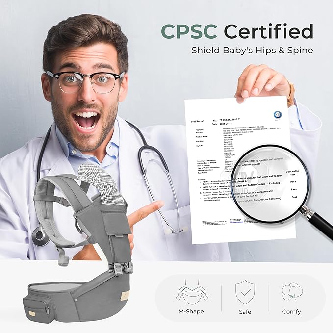 FRUITEAM 6-in-1 Baby Carrier with Waist Stool/Hip Seat for Breastfeeding, One Size Fits All - Adapt to Newborn, Infant & Toddler (Greyish)