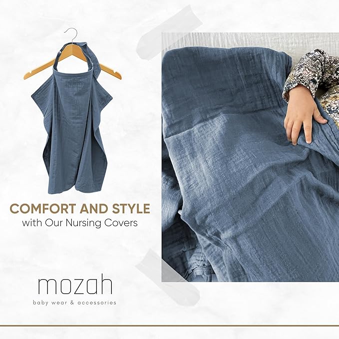 MOZAH 100% Organic Cotton Muslin Nursing Cover for Baby Breastfeeding, Breathable 100% Cotton Breastfeeding Cover with Rigid Hoop for Mother Nursing Apron, Multi-use Carseat Canopy (Blue Mirage)