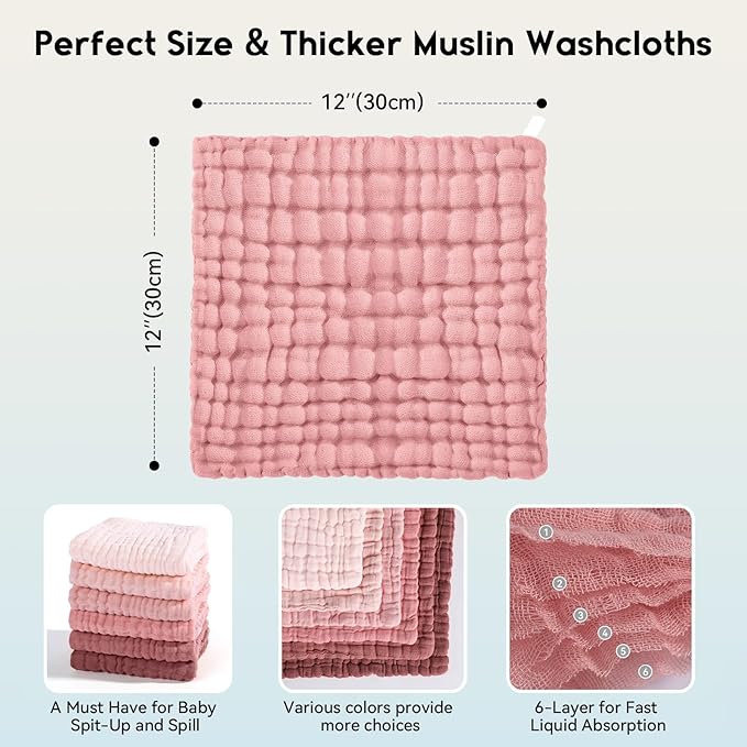 Muslin Baby Washcloths 6 Pack, 100% Cotton Wash Cloths for Babies, Large 12''X12'' Burp Cloths Absorbent and Soft for Newborn Infants Kids Boys Girls - Gradient Pink