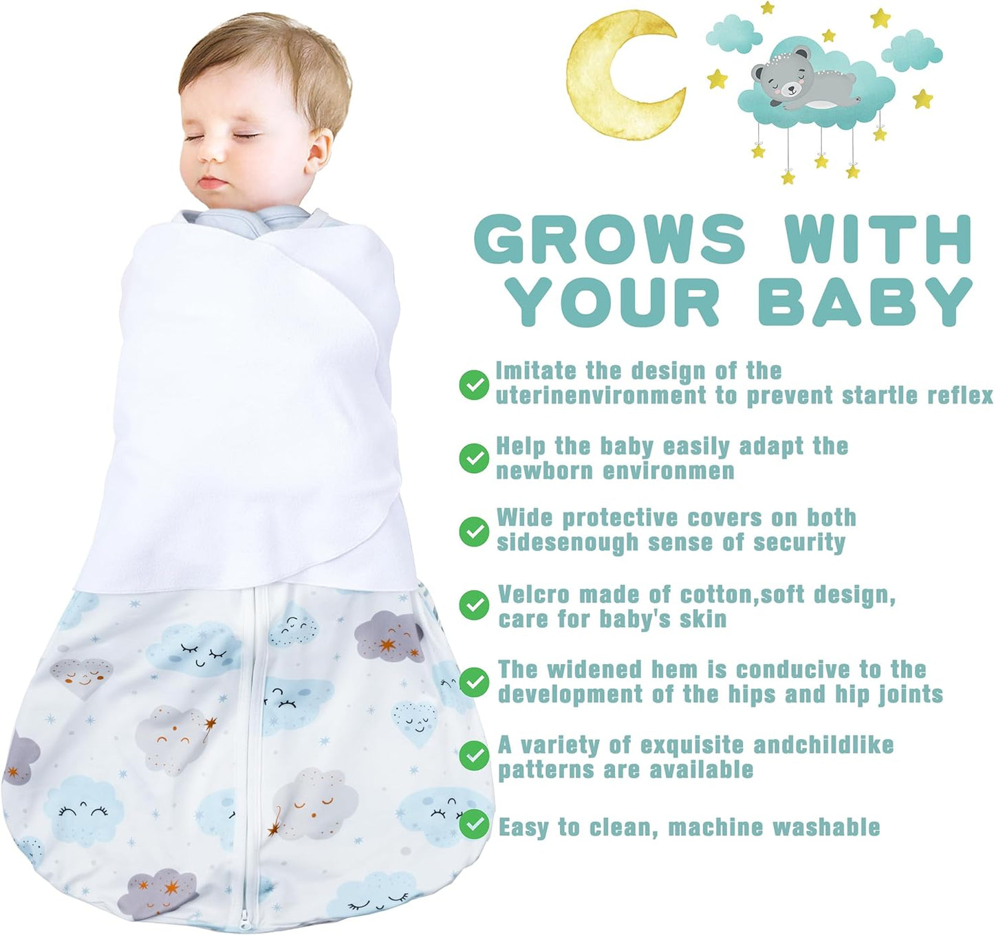 Newborn Sleep Sack Baby Swaddle,6-12 Months,3-Way Adjustable Wearable Blanket,100% Rayon Cotton Swaddling Sleeping Bag，TOG 0.5（Clouds&Starry Sky）