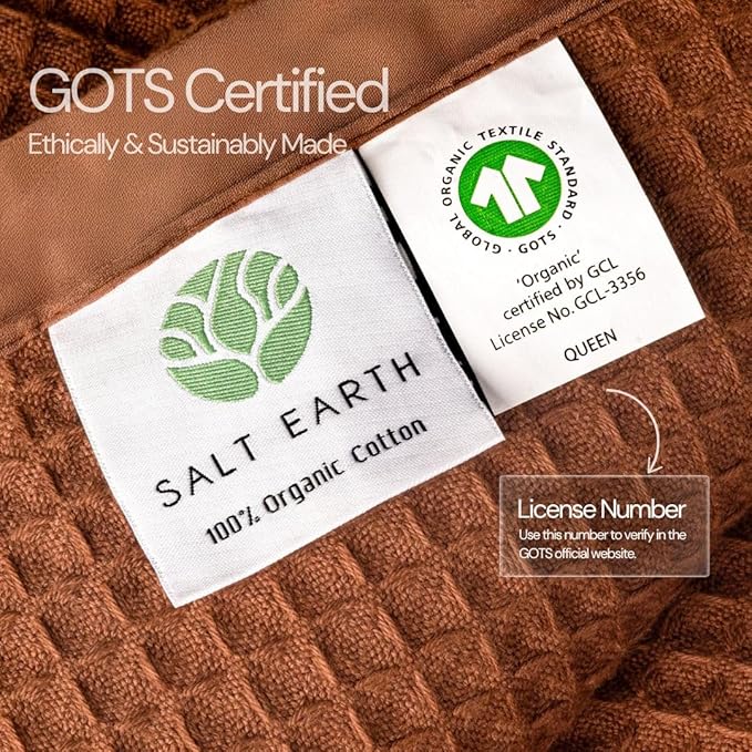 Salt Earth GOTS Certified 100% Organic Cotton Throw Blanket, 55" X 60" Blankets & Throws for Bed, Throw Blanket for Couch,Modern & Cozy Blanket, All Season Waffle Blanket, Soft Blanket (Potting Soil)