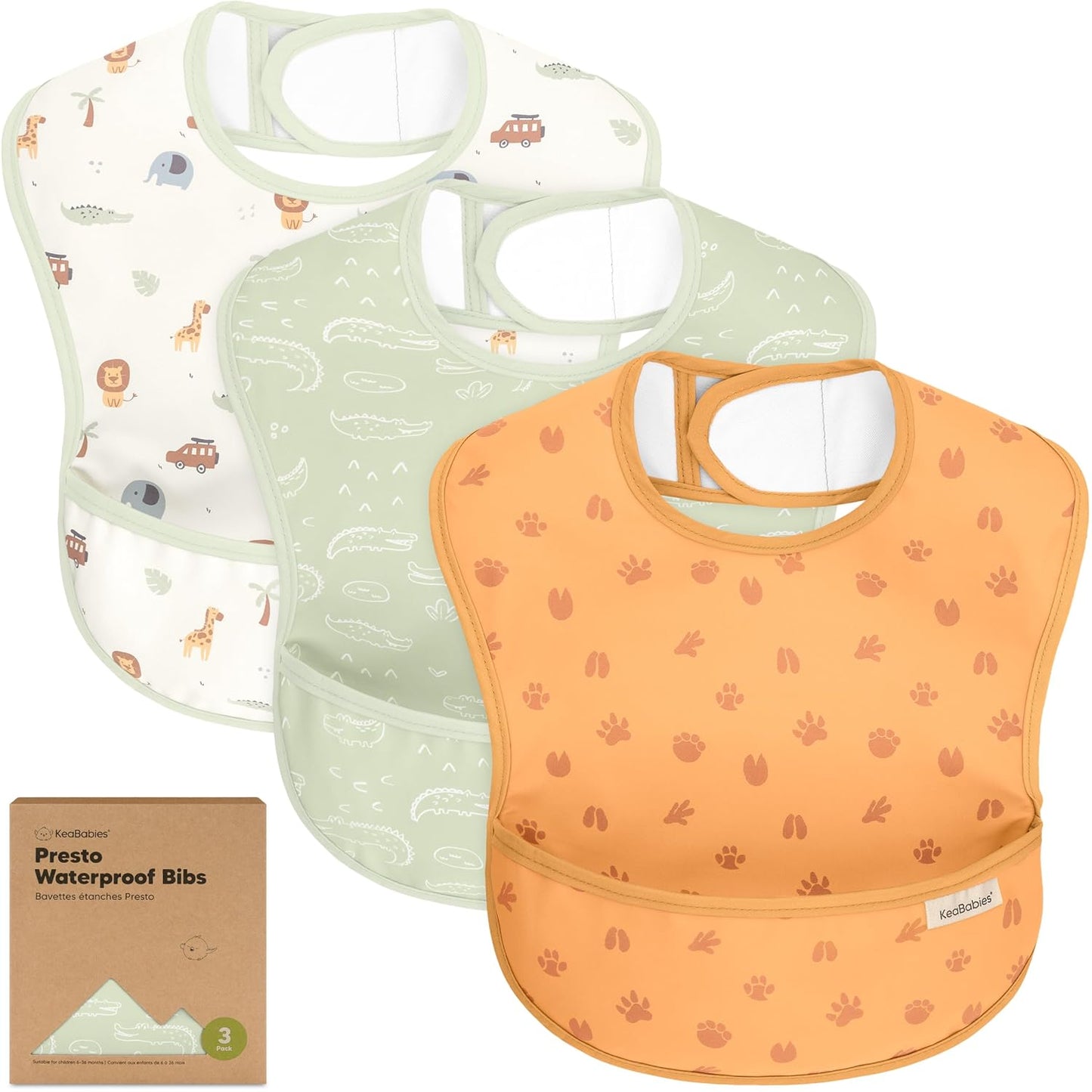 3-Pack Waterproof Baby Bibs for Eating - Lightweight Toddler Feeding Bibs with Large Food Catcher, Mess Proof, Food-Grade Baby Eating Essentials, Easy to Put On & Clean (Wilderness)