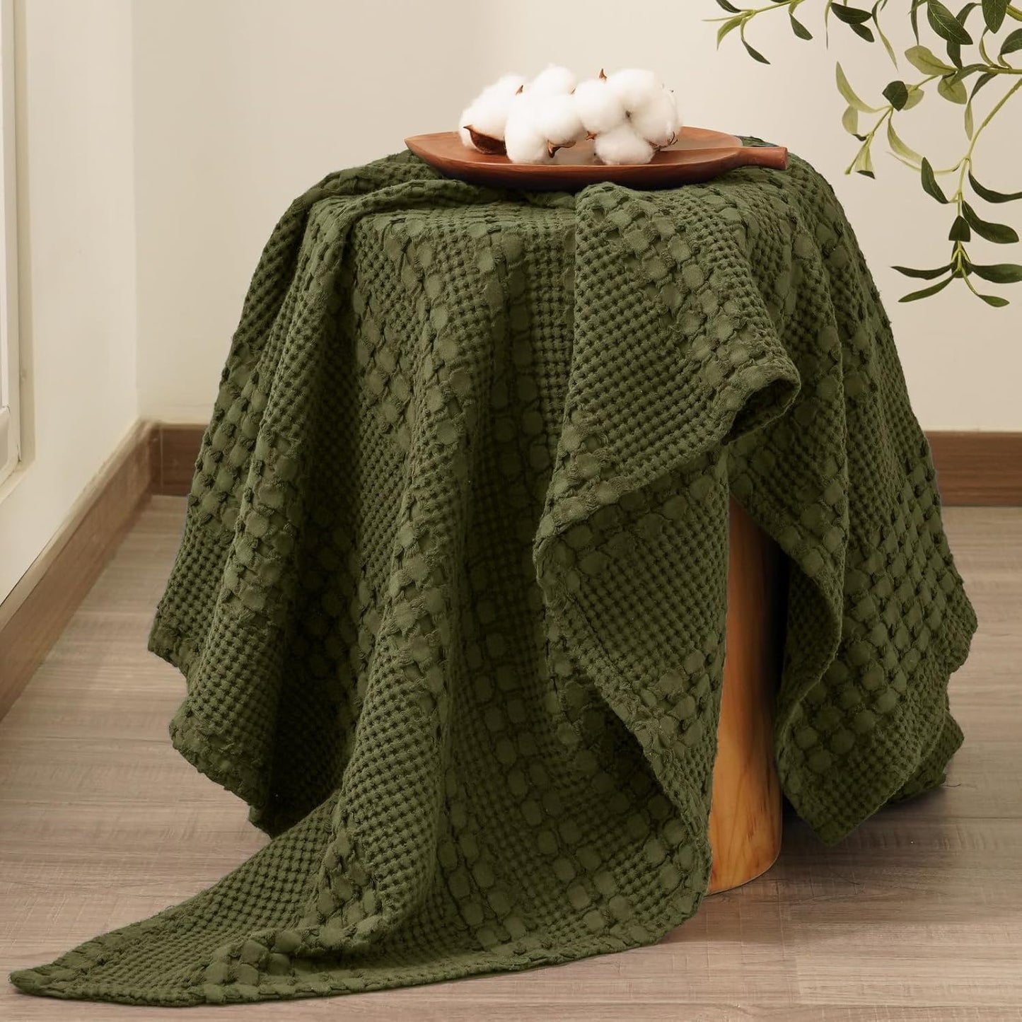 PHF 100% Cotton Waffle Weave Throw Blanket, Soft Lightweight Breathable Cozy Summer Throws for Couch Bed Sofa, Luxury Aesthetic Woven Blanket for Home Decor & Office, 50"x60", Capulet Olive