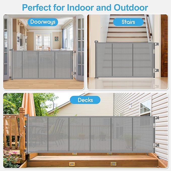 Upgrade 120 inch Retractable Baby Gates, EZIGO Extra Wide Baby Gate for Large Opening Extra Long Mesh Gate for Kids or Pet Dog Gate Child Safety Gate for Stairs Hallways Doorway Indoor Outdoor, Gray