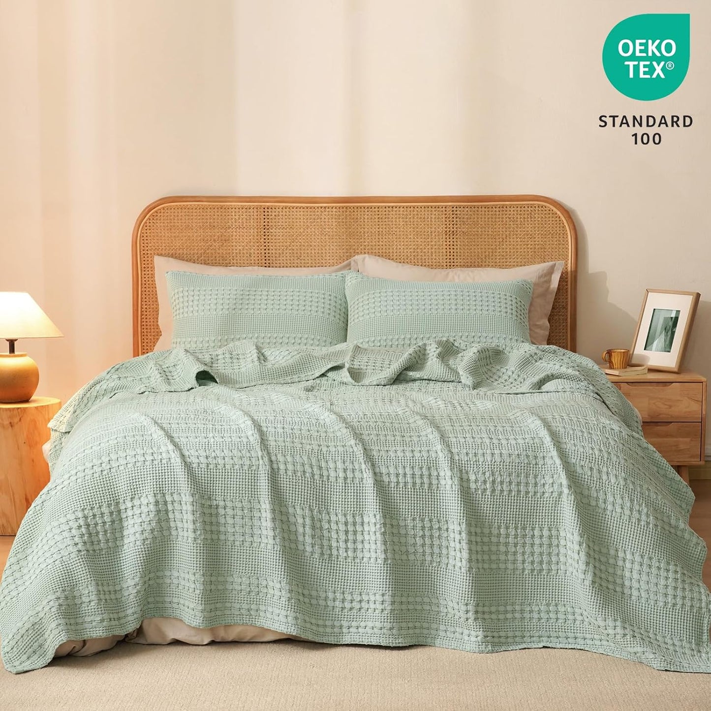 PHF 100% Cotton Waffle Weave Blanket Twin Size, Soft Lightweight Breathable Cozy Summer Blankets for Bed, Luxury Aesthetic Woven Bedding for Home Decor, 66"x90", Sage Green