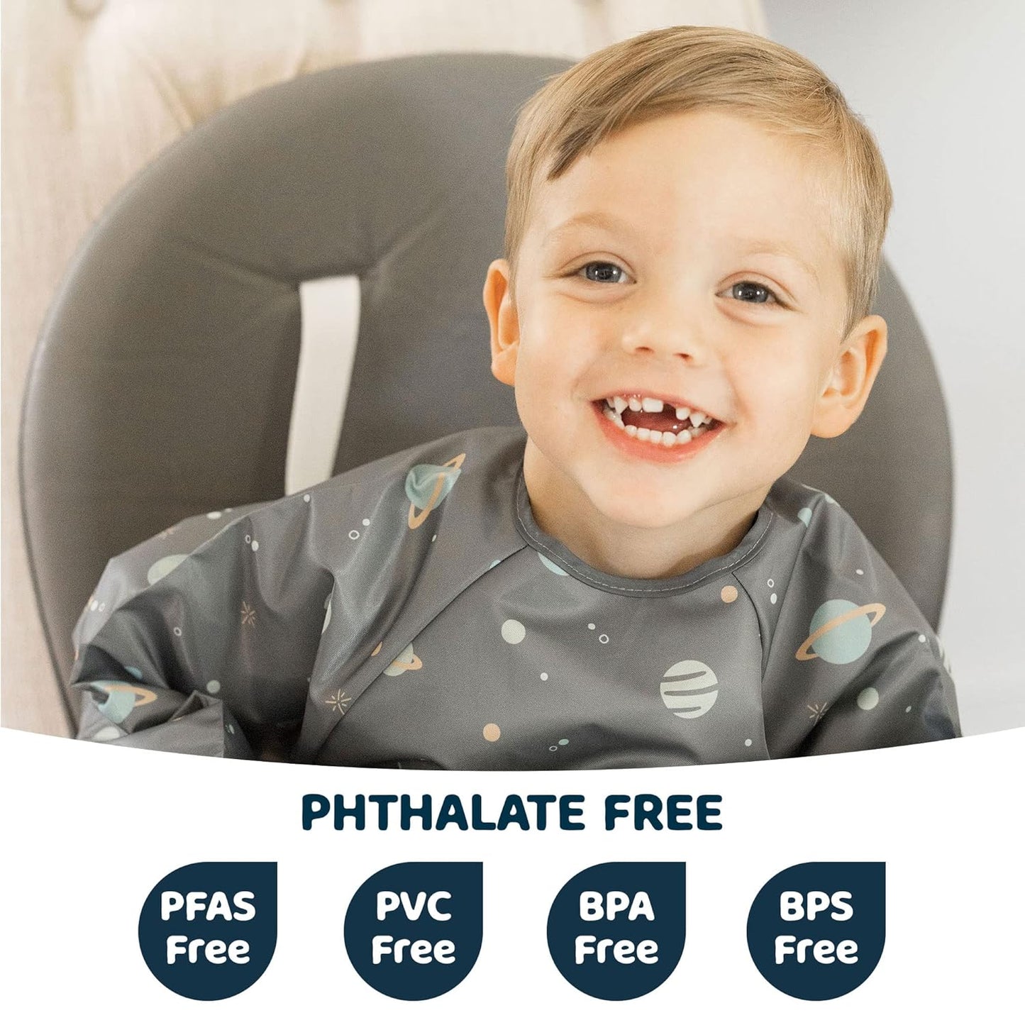 Tiny Twinkle Mess Proof Baby Bib,Waterproof Smock Baby Bib for Eating,Machine Washable Long Sleeve Bib,Baby Led Weaning,Toddler Bib,BLW Supplies(Space, Small 6-24 Months)