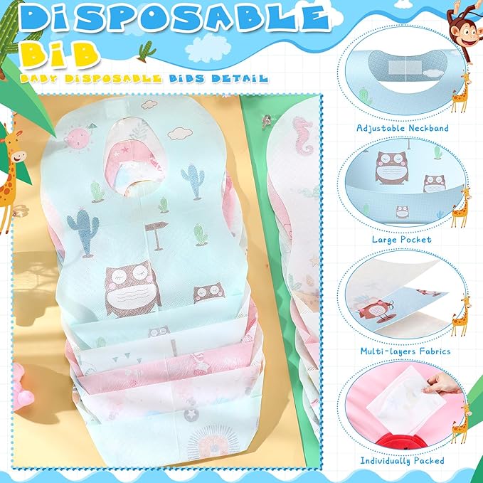 100/200 Pcs Disposable Baby Bibs Bulk Travel Feeding Bib Soft Food Catcher Pocket for Toddlers Girls Boys