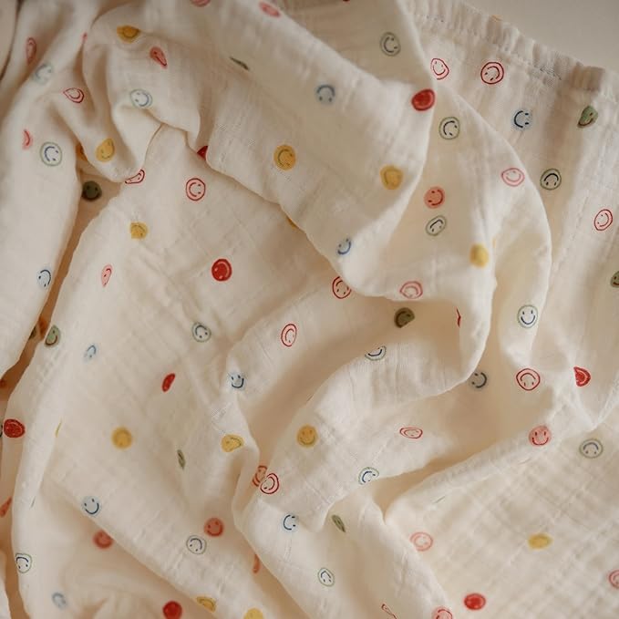 mushie Muslin Baby Swaddle Blanket | 100% Organic Cotton (Smiley Face)