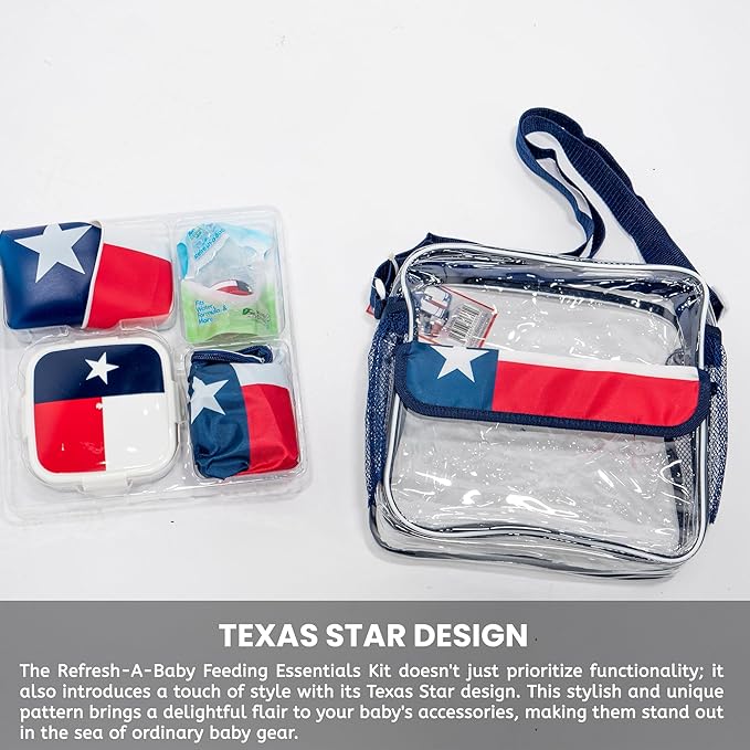 Refresh-A-Baby Feeding Essentials Kit for Feeding on The go Includes: Universal Bottle Top Adaptor Resealable Container Silicone Bib Clear Travel Bag & More (Texas Star)