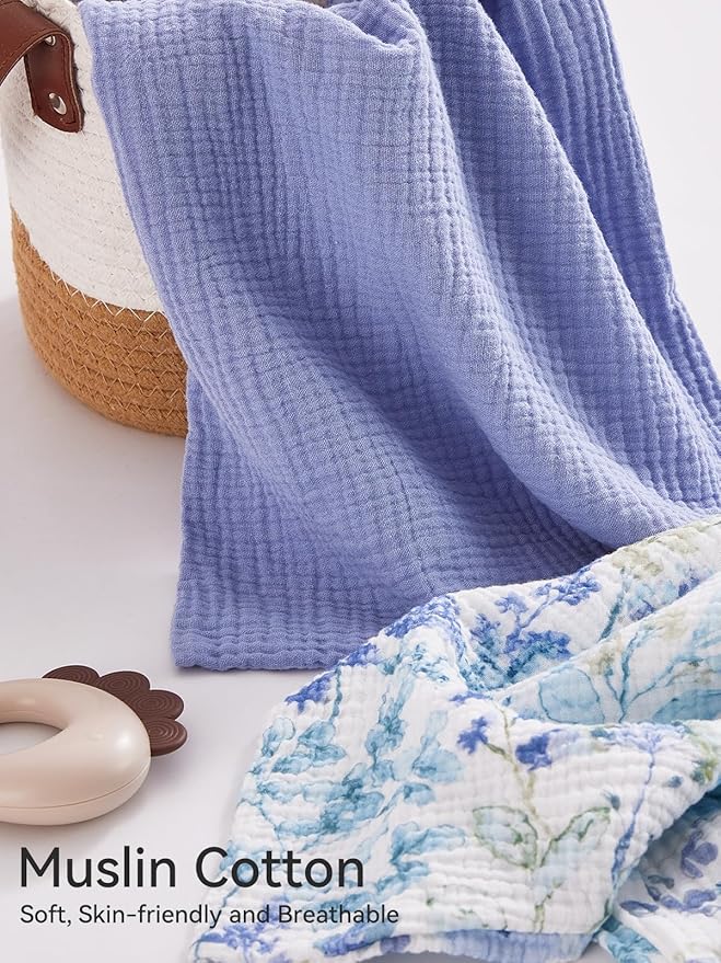 TILLYOU Muslin Toddler Pillowcase 2 Pack, 13x18 Soft Travel Cotton Pillow Case Kids for Boys and Girls, Blue Flower