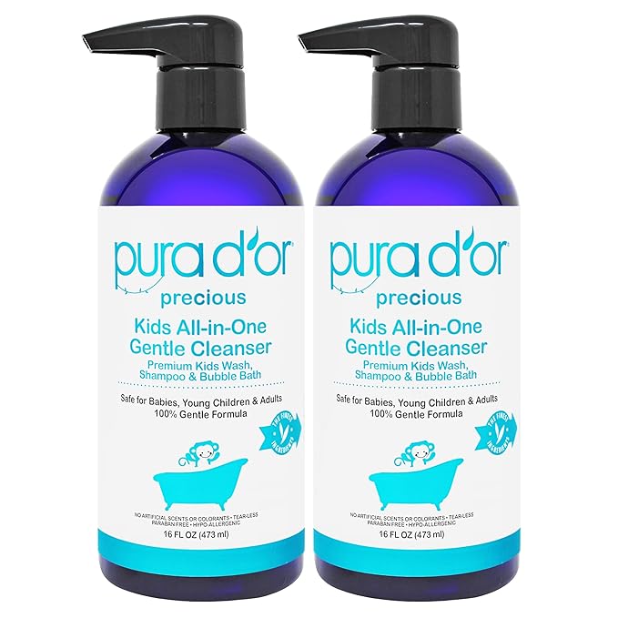 PURA D'OR Kids Wash (16oz x 2 = 32oz) All-in-One Gentle Cleanser - USDA Biobased, Sulfate-Free, Tear-Less, Hypoallergenic, Premium, Shampoo & Bubble Bath