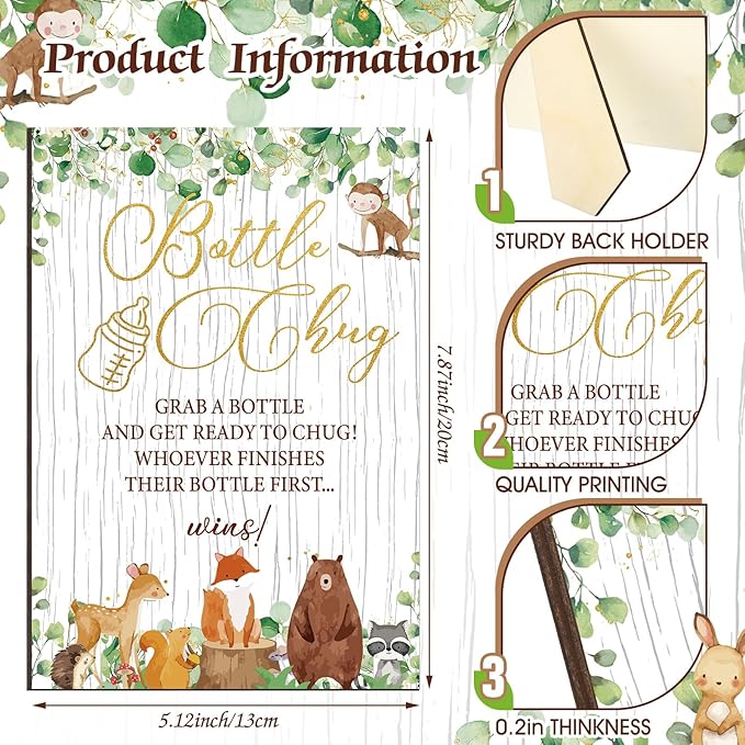 TrelaCo Woodland Animal Cool Baby Shower Games Bottle Chug Sign Wooden Woodland Gift Sets Gender Reveal Party Favors and 12 Pcs Baby Bottle Shower Favor for Gender Reveal