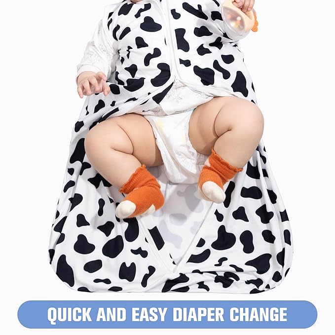 Baby Sleep Sack 12-18 Months Baby Wearable Blanket 100% Rayon Cotton 2-Way Zipper Toddler Sleeping Sack，Comfy Soft Lightweight TOG 0.3（Cow Print）