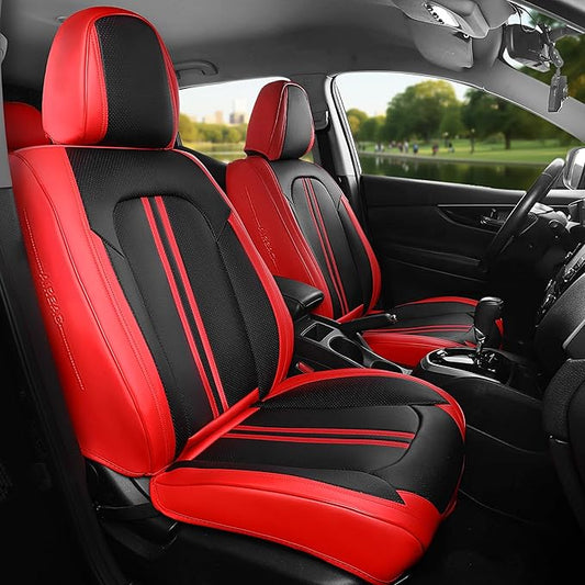 FREESOO Front Seats 2PCS Leather Car Seat Covers, Ultra Breathable Waterproof Seat Covers for Cars Trucks SUV, Carseat Protector Car Seat Cover Fit for Most Vehicles, Black Red