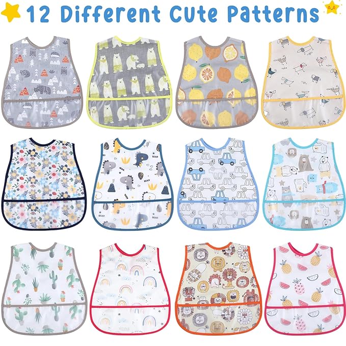 Jeyiour 24 Pcs Baby Waterproof Bibs with Food Catcher Adjustable Snaps Plastic Feeding Bibs for Toddlers, 6 to 36 Months