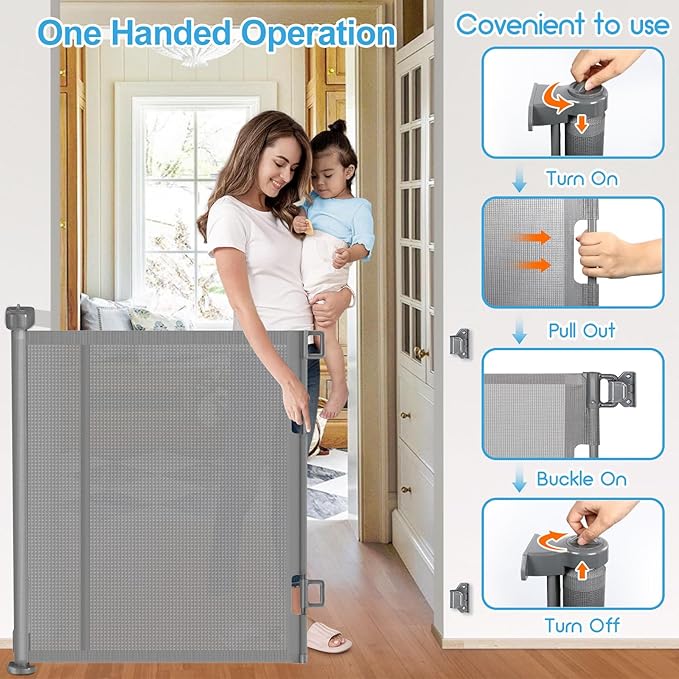 Upgrade 120 inch Retractable Baby Gates, EZIGO Extra Wide Baby Gate for Large Opening Extra Long Mesh Gate for Kids or Pet Dog Gate Child Safety Gate for Stairs Hallways Doorway Indoor Outdoor, Gray