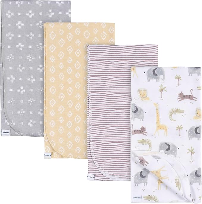 Gerber Unisex Baby 100% Cotton Flannel Receiving Blankets 30x30 Inches (Pack of 4), Animals + Geos Neutral, One Size