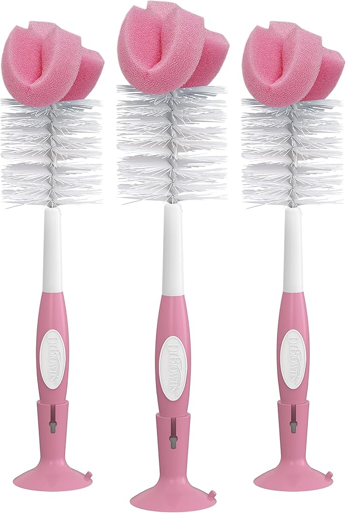 Dr. Brown's Reusable Sponge Baby Bottle Cleaning Brush Set with Suction Cup Stand, Scrubber and Nipple Cleaner, Pink, 3 Pack