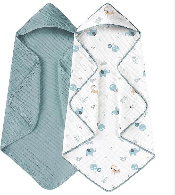 Yoofoss Hooded Baby Towels for Newborn 2 Pack 100% Muslin Organic Cotton Baby Bath Towel with Hood for Babies, Infant, Toddler and Kids, 32x32Inch, Soft and Absorbent Newborn Essential,Blue Elephant