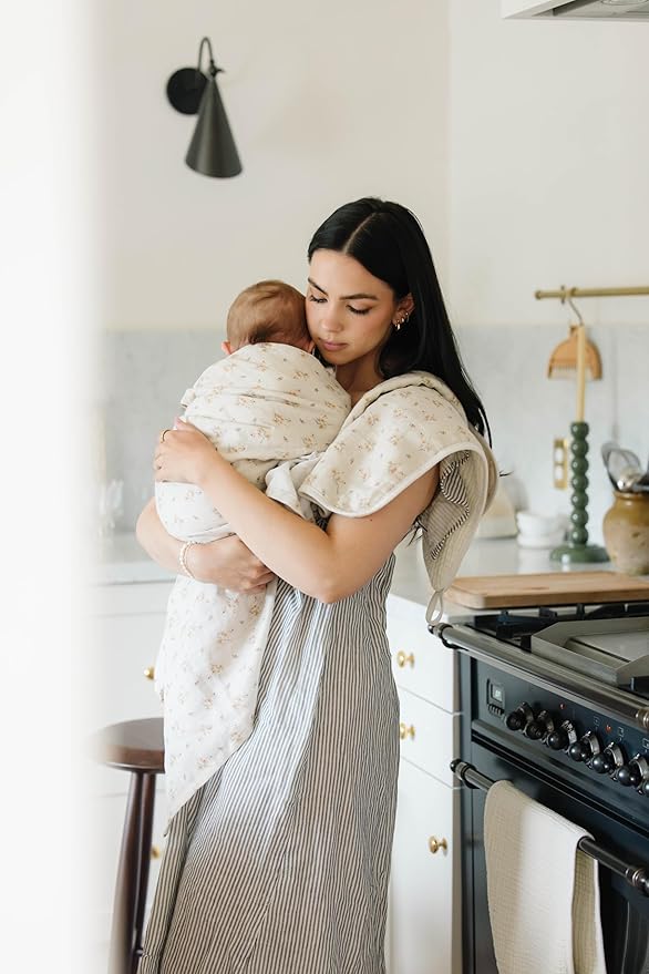 Oilo Burp Cloth 2-Pack Set, Large (12" X 22"), Organic Premium Cotton 4-Way Muslin, Luxuriously Soft, Super Absorbent, & Durable, Machine Washable, Dainty Floral & Sea Moss Sage Green Stripe