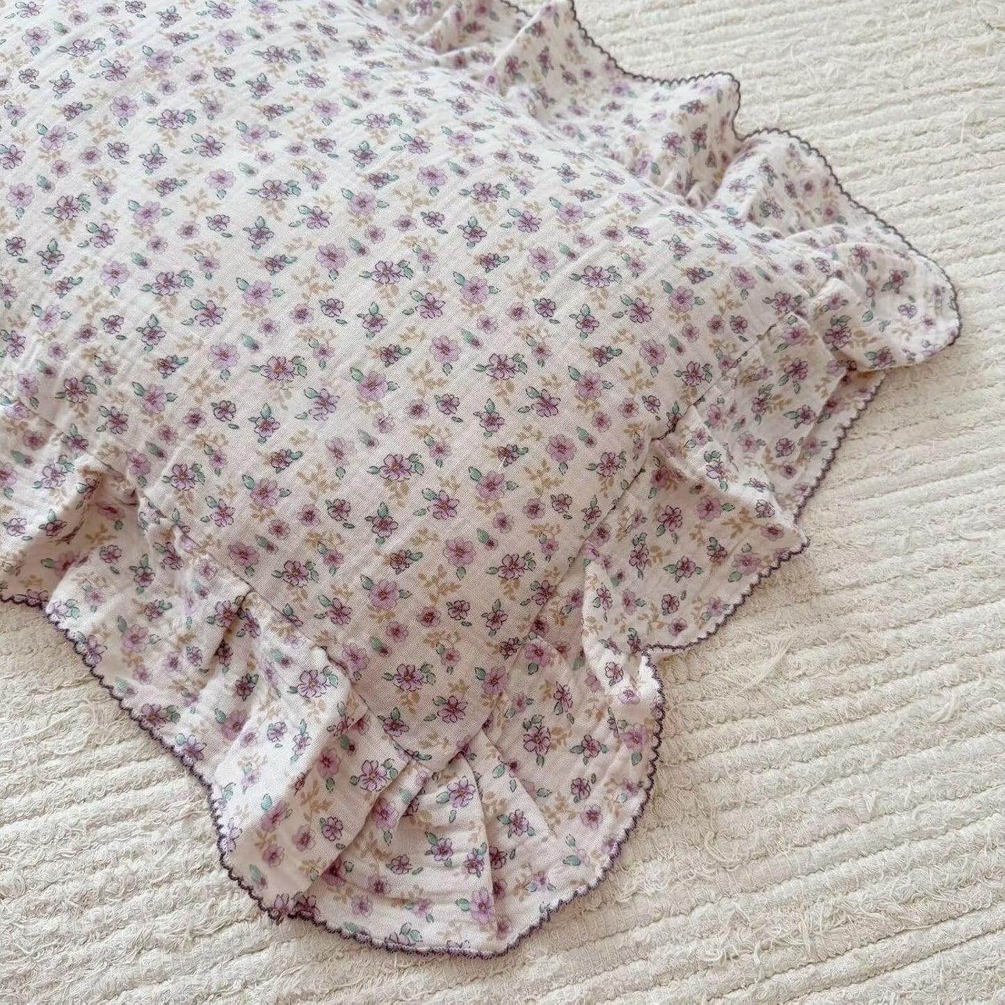 BuLuTu Purple Flower Print Kids Pillow Cases 20"x26" Fit for Standard Size Pillow, Soft Lightweight Muslin Pillow Cover 100% Cotton Floral Print Children Pillowcases with Ruffles, 1 pc