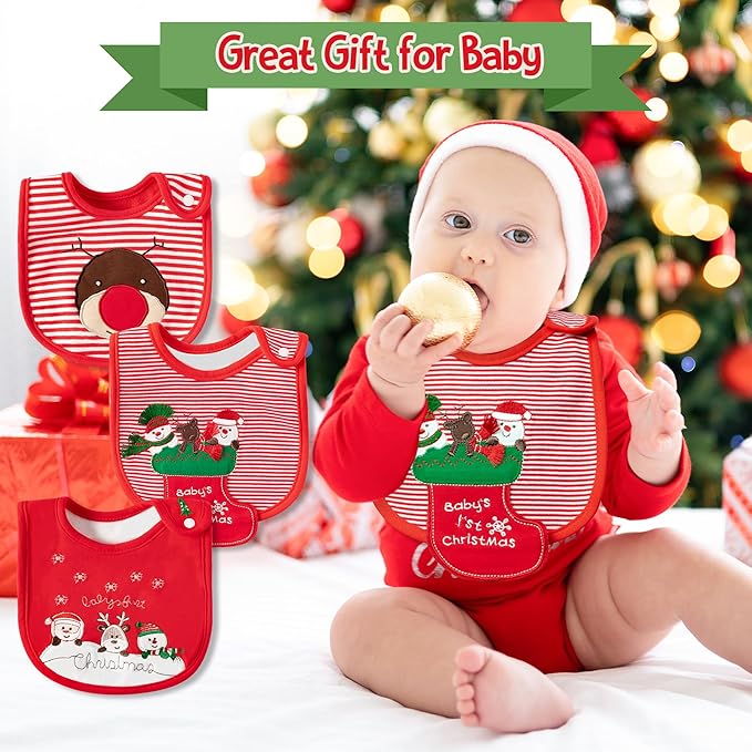 3Pcs Christmas Baby Cotton Bibs with Resin Button Newborn Infant Bibs Christmas Keepsake Baby Gift for Drooling Feeding
