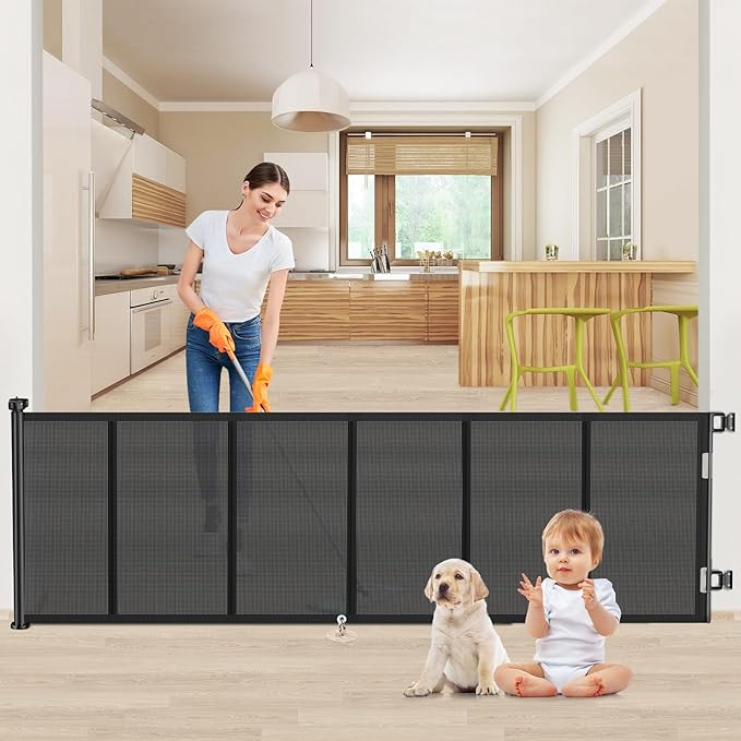 Upgrade 120 inch Retractable Baby Gates, EZIGO Extra Wide Baby Gate for Large Opening Extra Long Mesh Gate for Kids or Pet Dog Gate Child Safety Gate for Stairs Hallways Doorway Indoor Outdoor, Black