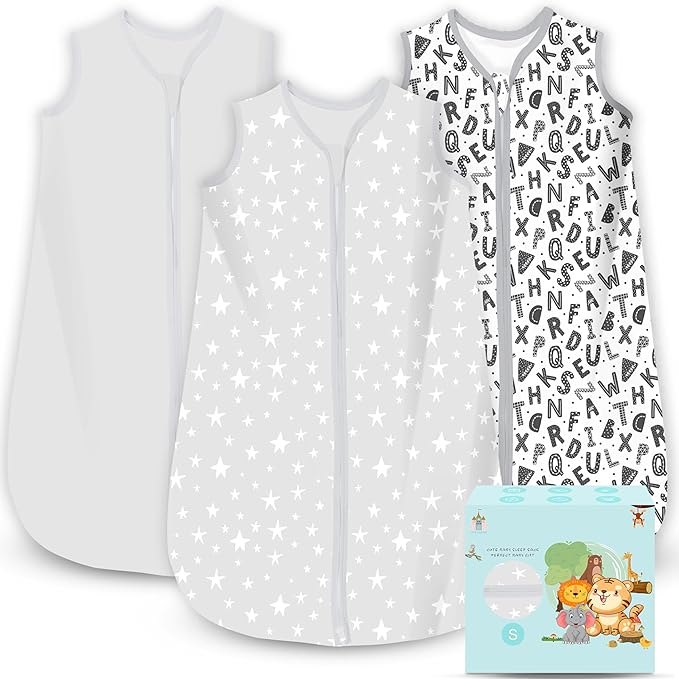 Cute Castle Baby Sleep Sack 0-6 Months - Lightweight 100% Cotton 2-Way Zipper TOG 0.5 Infant Wearable Blanket, Newborn Essentials Toddler Sleep Clothes, 3 Pack(Gray, Letters, Stars)