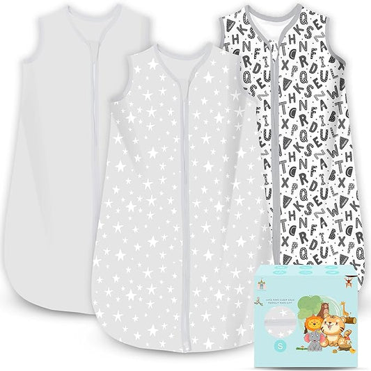 Cute Castle Baby Sleep Sack 0-6 Months - Lightweight 100% Cotton 2-Way Zipper TOG 0.5 Infant Wearable Blanket, Newborn Essentials Toddler Sleep Clothes, 3 Pack(Gray, Letters, Stars)