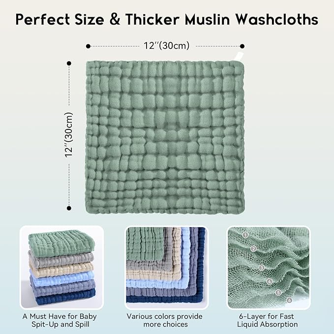 Muslin Baby Washcloths 6 Pack, 100% Cotton Wash Cloths for Babies, Large 12''X12'' Burp Cloths Absorbent and Soft for Newborn Infants Kids Boys Girls - Multicolor