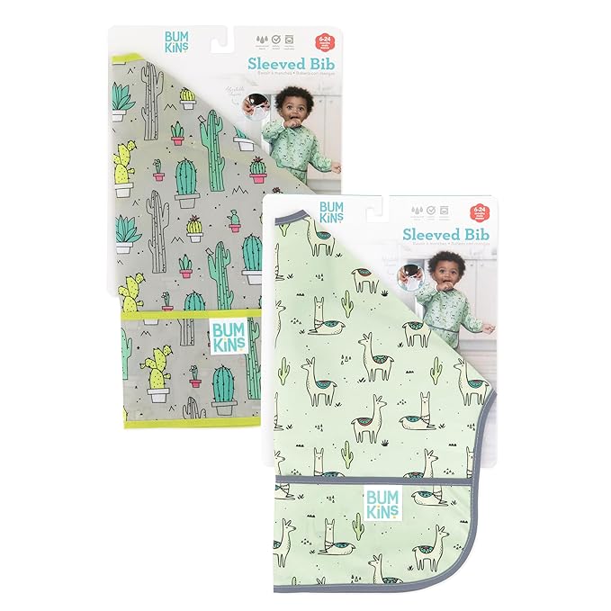 Bumkins - Sleeved Bib - For Boys & Girls, Babies & Toddlers 6-24 Months - Lightweight, Durable, Waterproof - Long Sleeve Bib - Catch-All Pocket - Wipeable & Machine Washable - Cactus & Llama - 2 Pack