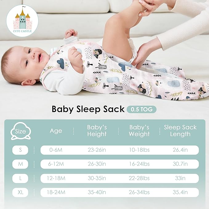 Cute Castle Baby Sleep Sack 0-6 Months - Lightweight 100% Cotton 2-Way Zipper TOG 0.5 Infant Wearable Blanket, Newborn Essentials Toddler Sleep Clothes, 3 Pack(Pink, Bear, Bear Claw)