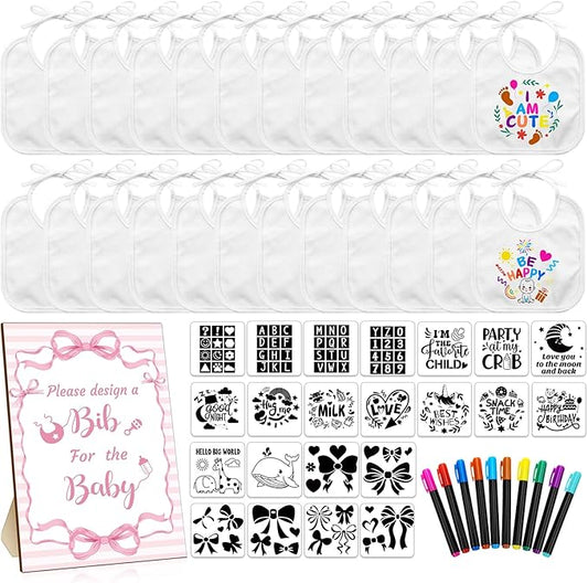 Newwiee 55 Pcs White Bibs for Baby Decorating Design a Bib Decorate Plain newborns Bibs Wooden Sign for Baby Shower Games Kit