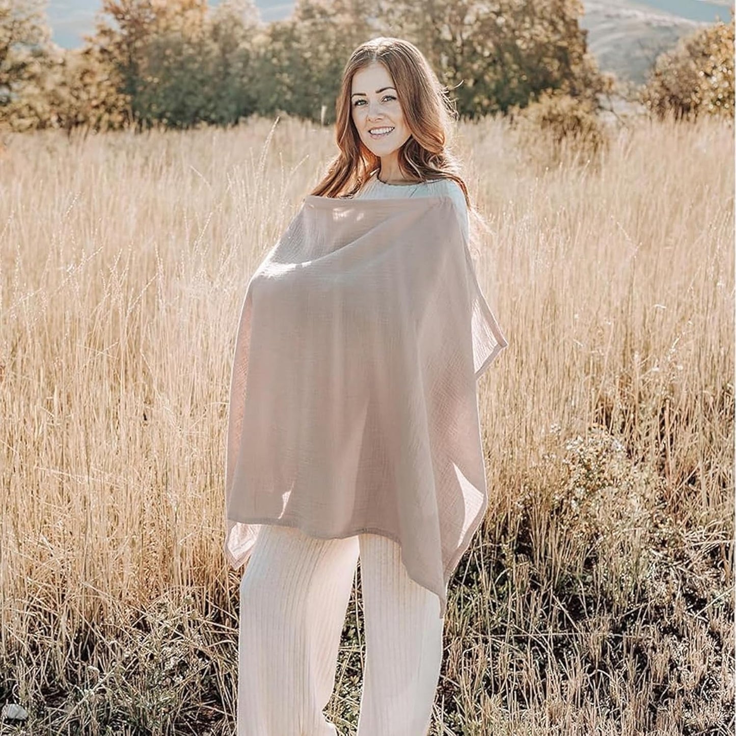 Konssy Muslin Nursing Cover for Baby Breastfeeding, Breathable 100% Cotton Breastfeeding Cover with Rigid Hoop for Mother Nursing Apron, Multi-use Carseat Canopy (Taupe)