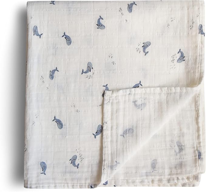 mushie Muslin Baby Swaddle Blanket | 100% Organic Cotton (Whales)