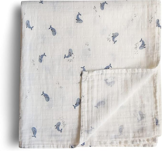 mushie Muslin Baby Swaddle Blanket | 100% Organic Cotton (Whales)