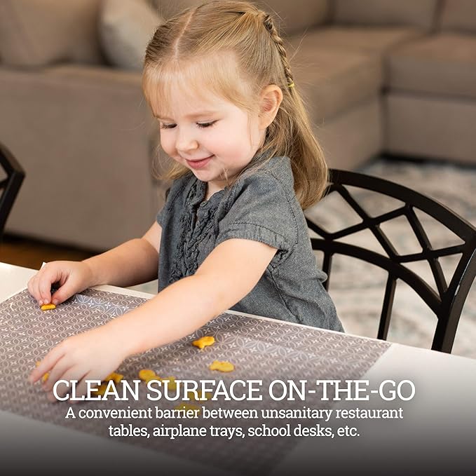 Gray and White Disposable Placemats for Baby, Toddlers, Children and Adults - Sticky Toppers for Tables - Restaurant, Travel, Airplane Tray Covers, Schools - 40 Pack