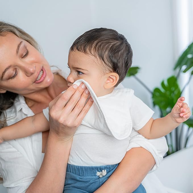 Comfy Cubs Muslin Bibs for Babies, Pack of 8 - Soft and Highly Absorbent, Feeding, Drool and Teething Bib, Adjustable Snaps - Stylish & Colorful Unisex Designs, Giftable Set - White
