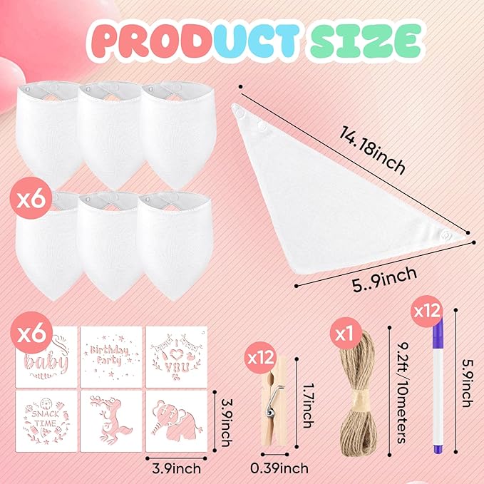 NACHLYNN 37 Pcs White Baby Bibs Baby Shower Games Set Including 6 Blank Baby Bibs 6 Stencils 12 Clothespins 12 Fabric Markers 1 Hemp Rope for Boys Girls Gender Reveal Party