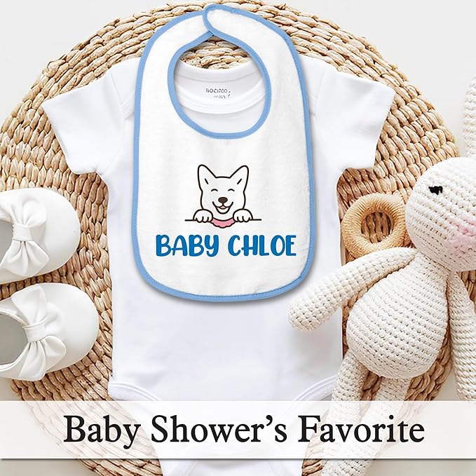 Personalized Baby Bib – Soft Cotton Terry, Cute Jindo Dog Design with Custom Text (1-2 Lines) – Newborns & Toddlers