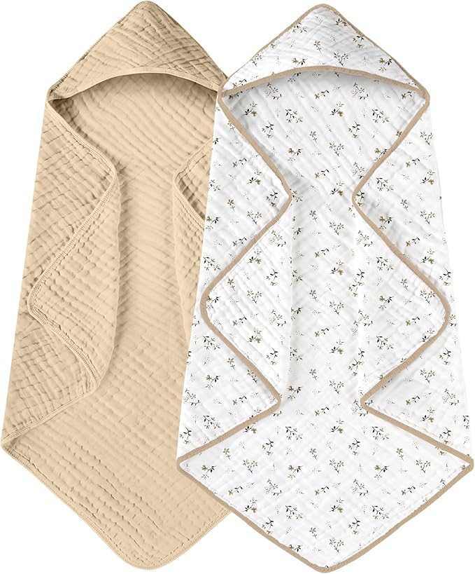 Yoofoss Hooded Baby Towels for Newborn 2 Pack 100% Muslin Organic Cotton Baby Bath Towel with Hood for Babies, Infant, Toddler and Kids, 32x32Inch, Soft and Absorbent Newborn Essential, Beige Floral