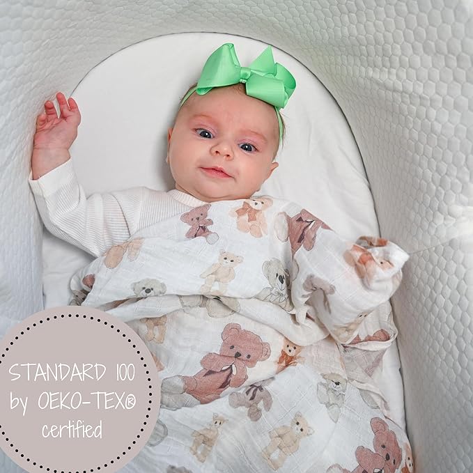 LollyBanks Muslin Swaddle Blankets for Boys and Girls, Large 47 x 47 Inches Soft Swaddles for Newborns, Breathable and Lightweight 100% Cotton Baby Receiving Blankets, Registry (Teddy Bear Theme)