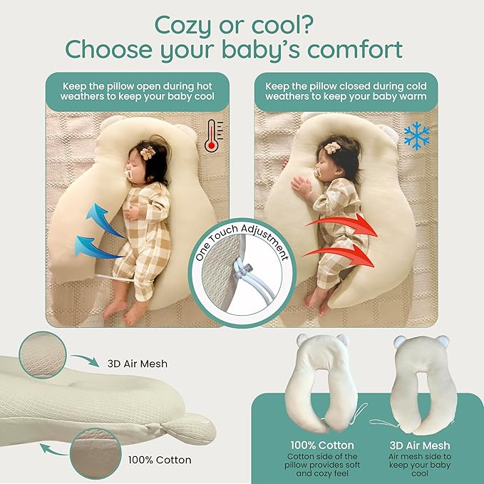 Baby Pillow (Cover+Pillow) Anti-Roll, Nursing, and Tummy Time Features, 3D Air Mesh Fabric for Breathability. Adjustable Thickness, Easy Care