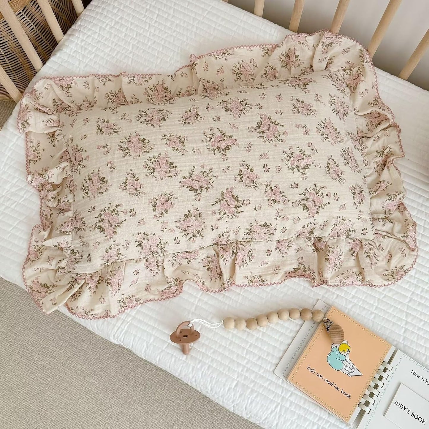 BuLuTu Muslin Cotton Toddler Pillowcases 14"x20", Shabby Chic Pink Floral Kids Pillow Cases Fit Toddler Pillow Sized 13"x18" Soft Children Pillow Covers for Girls Boys, Envelope Closure