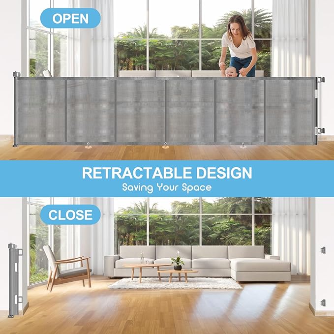 Upgrade 150 inch Retractable Baby Gates, EZIGO Extra Wide Baby Gate for Large Opening Extra Long Mesh Gate for Kids or Pet Dog Gate Child Safety Gate for Stairs Hallways Doorway Indoor Outdoor, Gray