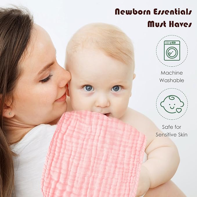 Muslin Burp Cloths 100% Cotton Large 20''x10'' Extra Soft and Absorbent Baby Wash Cloths Spit Up Rags - Baby Burping Cloth for Boys Girls Items(12 Pack Pink)