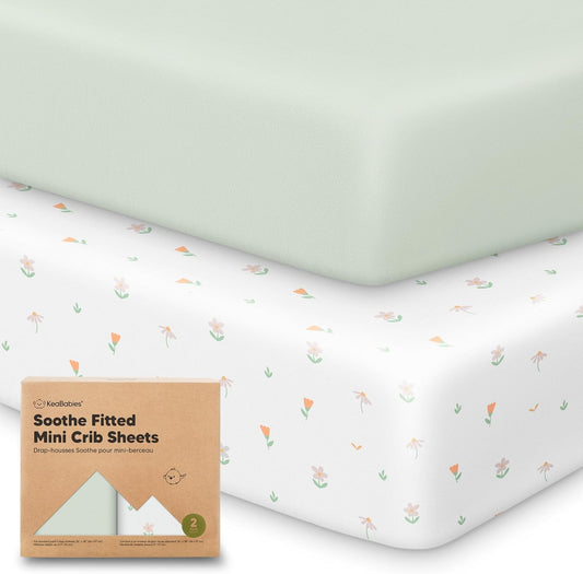 2-Pack Mini Crib Sheets Fitted - 38x26 Pack N Play Sheets for Pack and Play Mattress, Organic Cotton, Soft & Breathable Playard Bedding, Neutral Mini Toddler Bed Cover for Boys, Girls (Wildflowers)