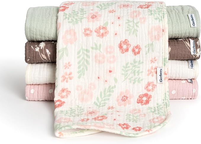 Gerber Baby Unisex Muslin Burp Cloths 5-Pack, Multi Pink Floral, Large Size 20" x 10"