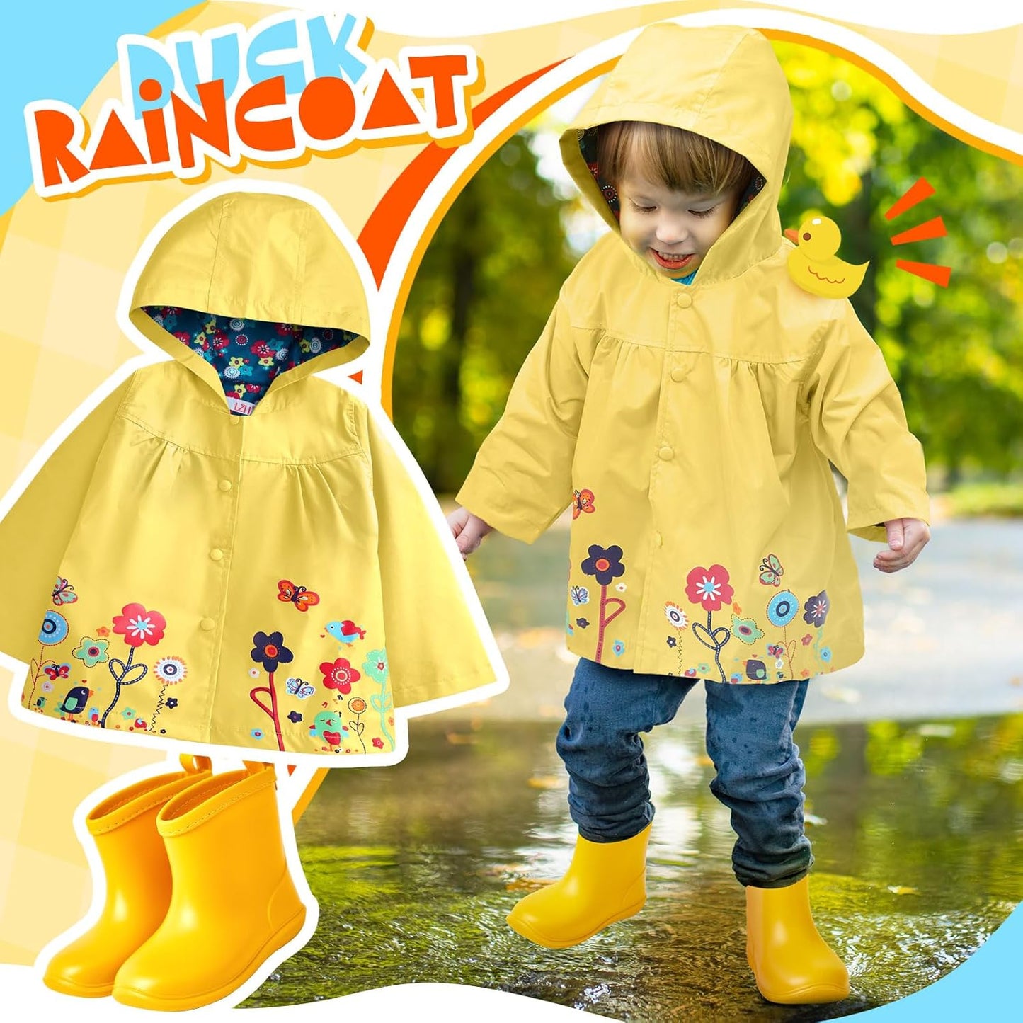 2 Pcs Toddler Raincoat Rain Boots Set Kids Baby Cartoon Hoodie Zipper Jacket Short Rain Shoes for Little Boys Girls